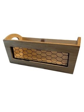 Natural Wood Vanity Tray Basket with Black Mesh Accent
